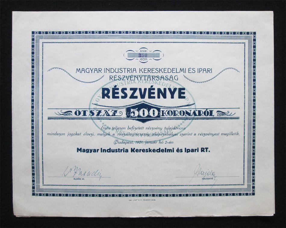 Magyar Industria Ipari rszvny 500 korona 1921